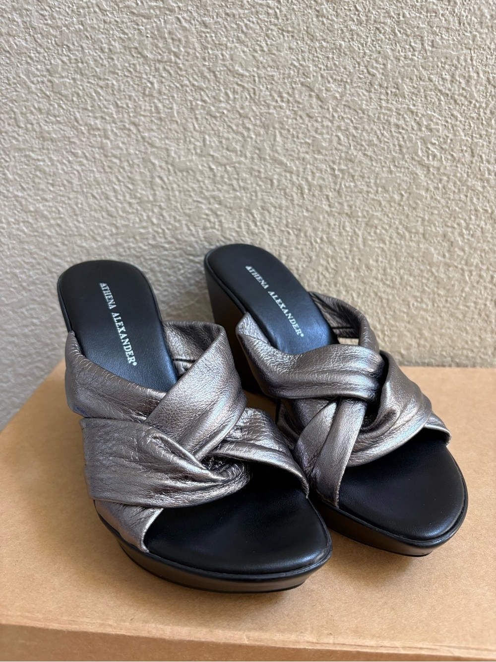 ATHENA ALEXANDER Metallic Pewter Wedge Sandals - Size 37